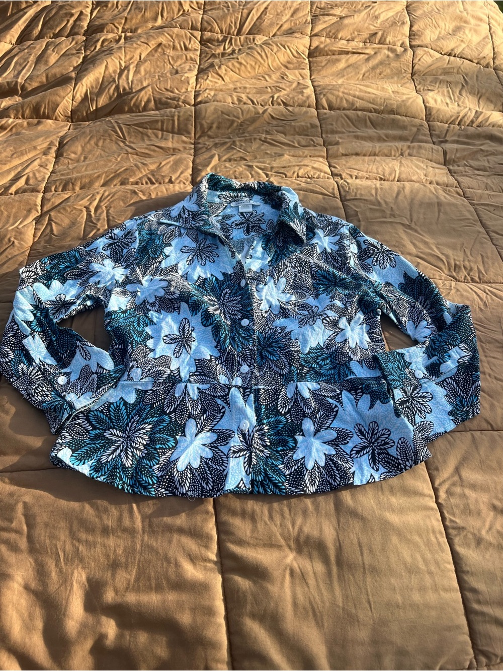 Vintage Y2K Blue/Black Bold Floral Peplum Linen Blend Lightweight Jacket Size L